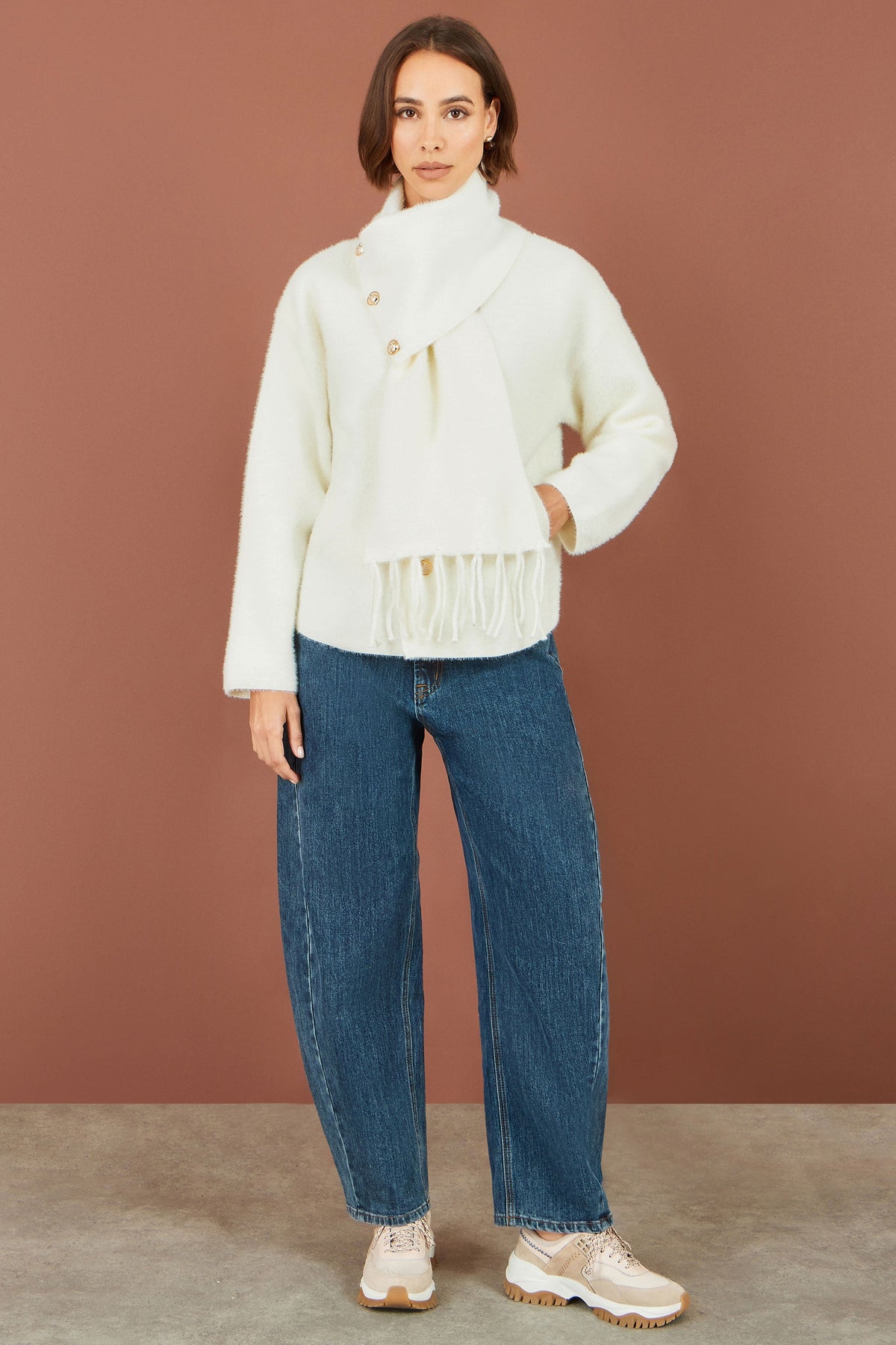 Yumi Ivory Eyelash Knit Jacket With Scarf