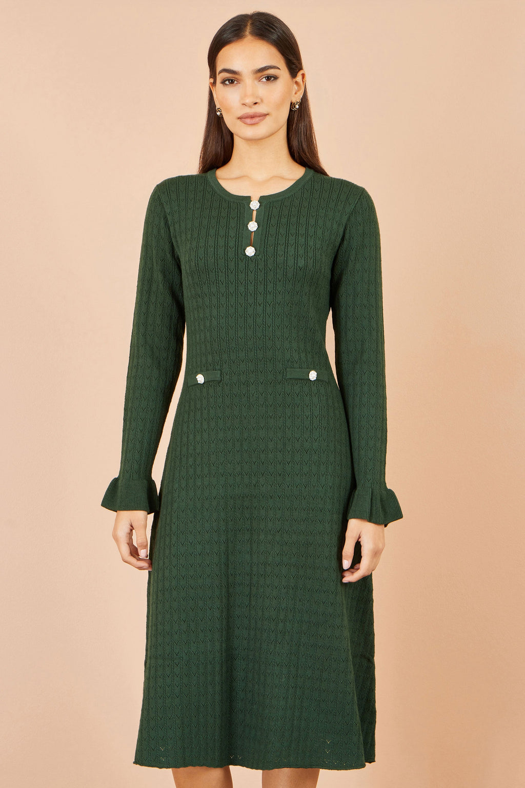 Yumi Green Viscose Knitted Midi Dress With Buttons