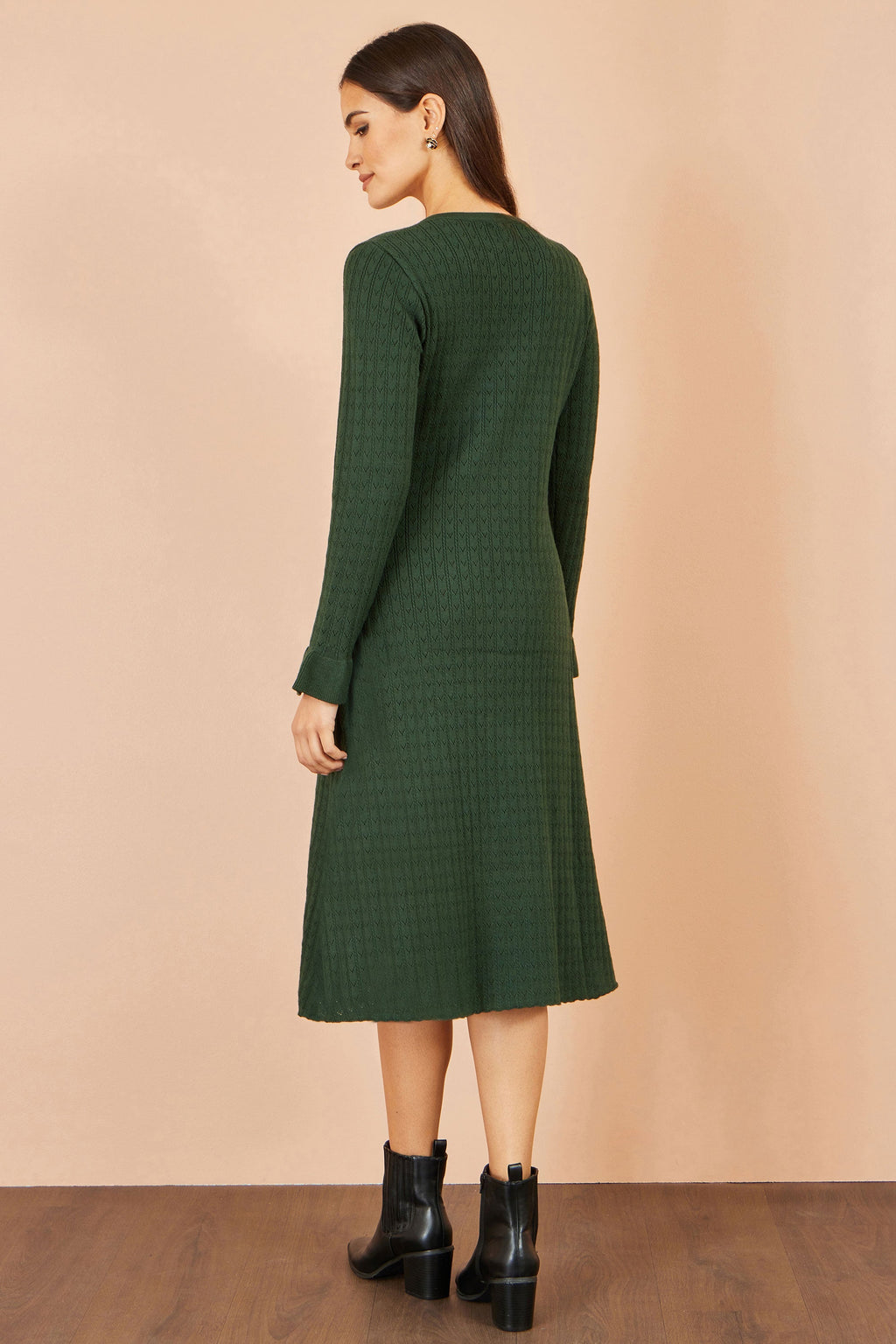 Yumi Green Viscose Knitted Midi Dress With Buttons