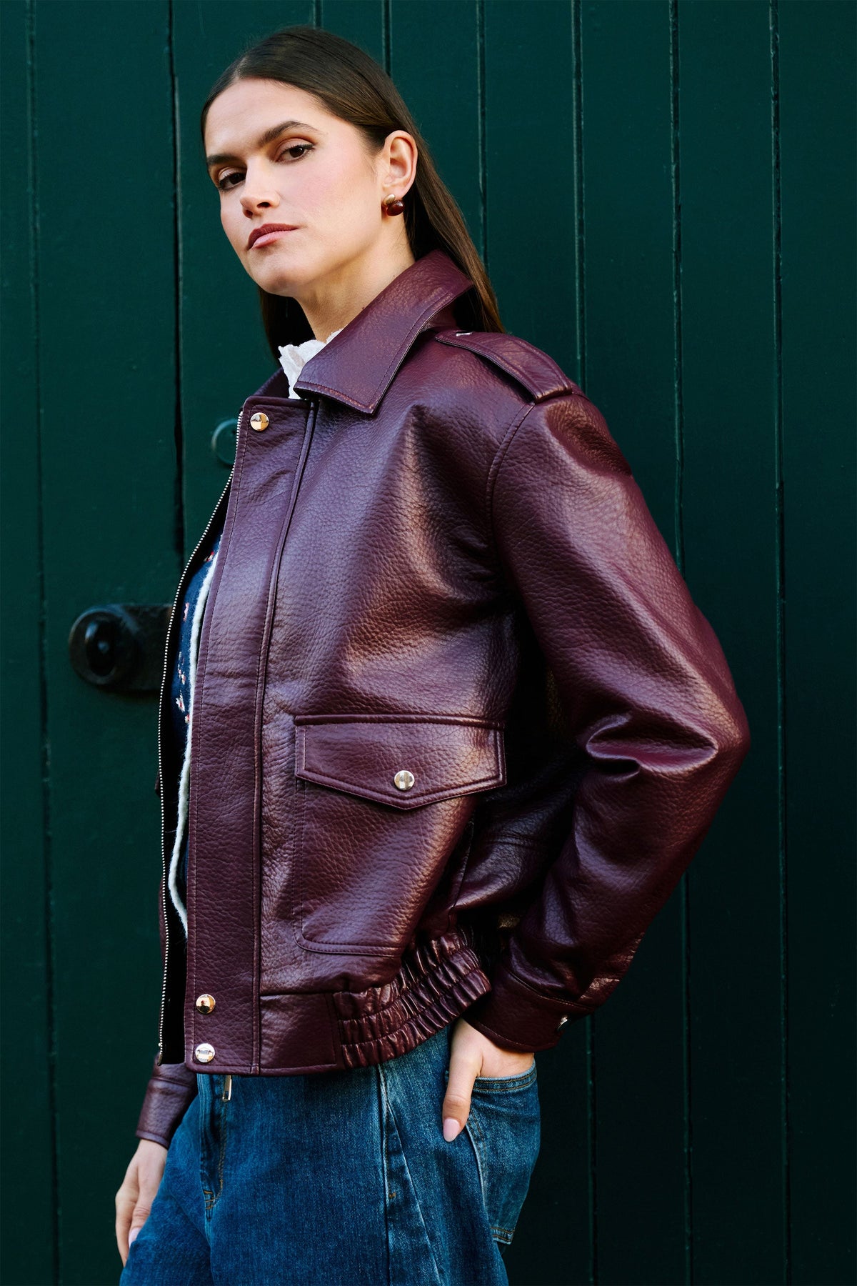 Yumi Burgundy Faux Leather Bomber Jacket