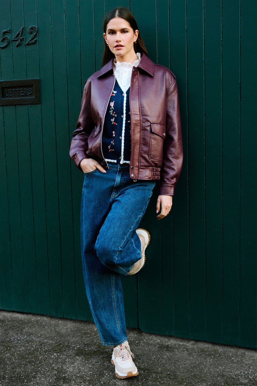 Yumi Burgundy Faux Leather Bomber Jacket