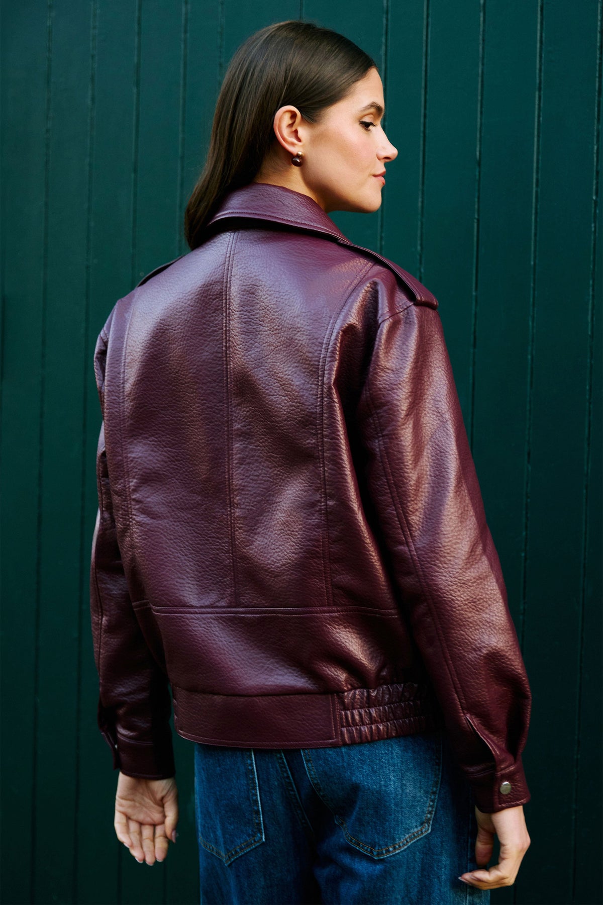 Yumi Burgundy Faux Leather Bomber Jacket