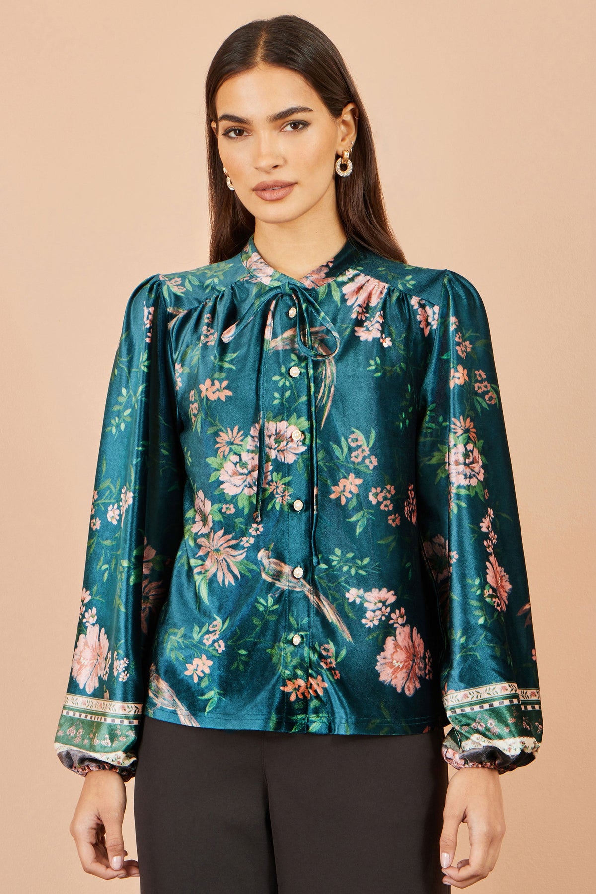 Yumi Green Floral Velvet Blouse With Tie Neckline