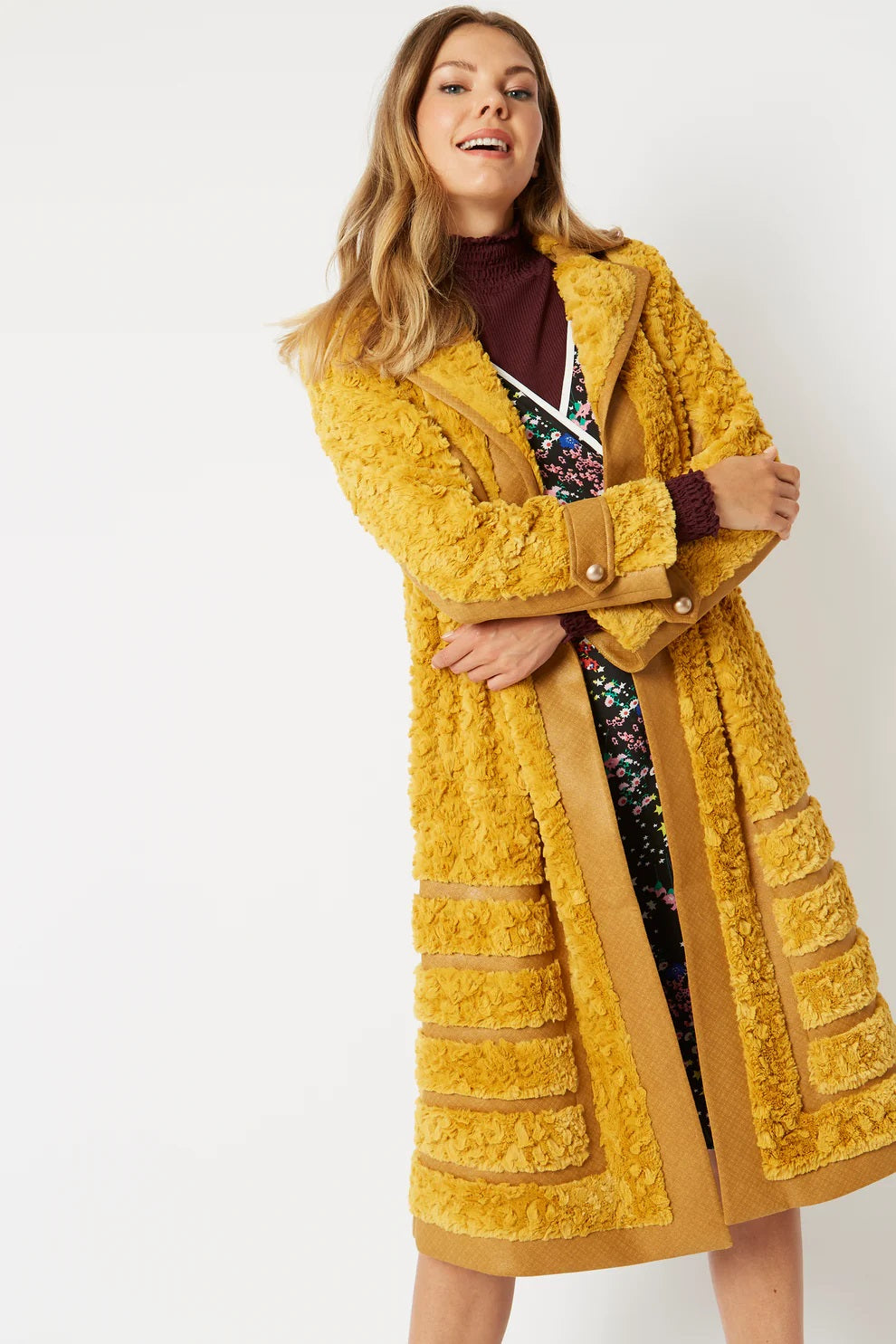 Yellow Faux Suede Trench Coat with Faux Fur Panelled