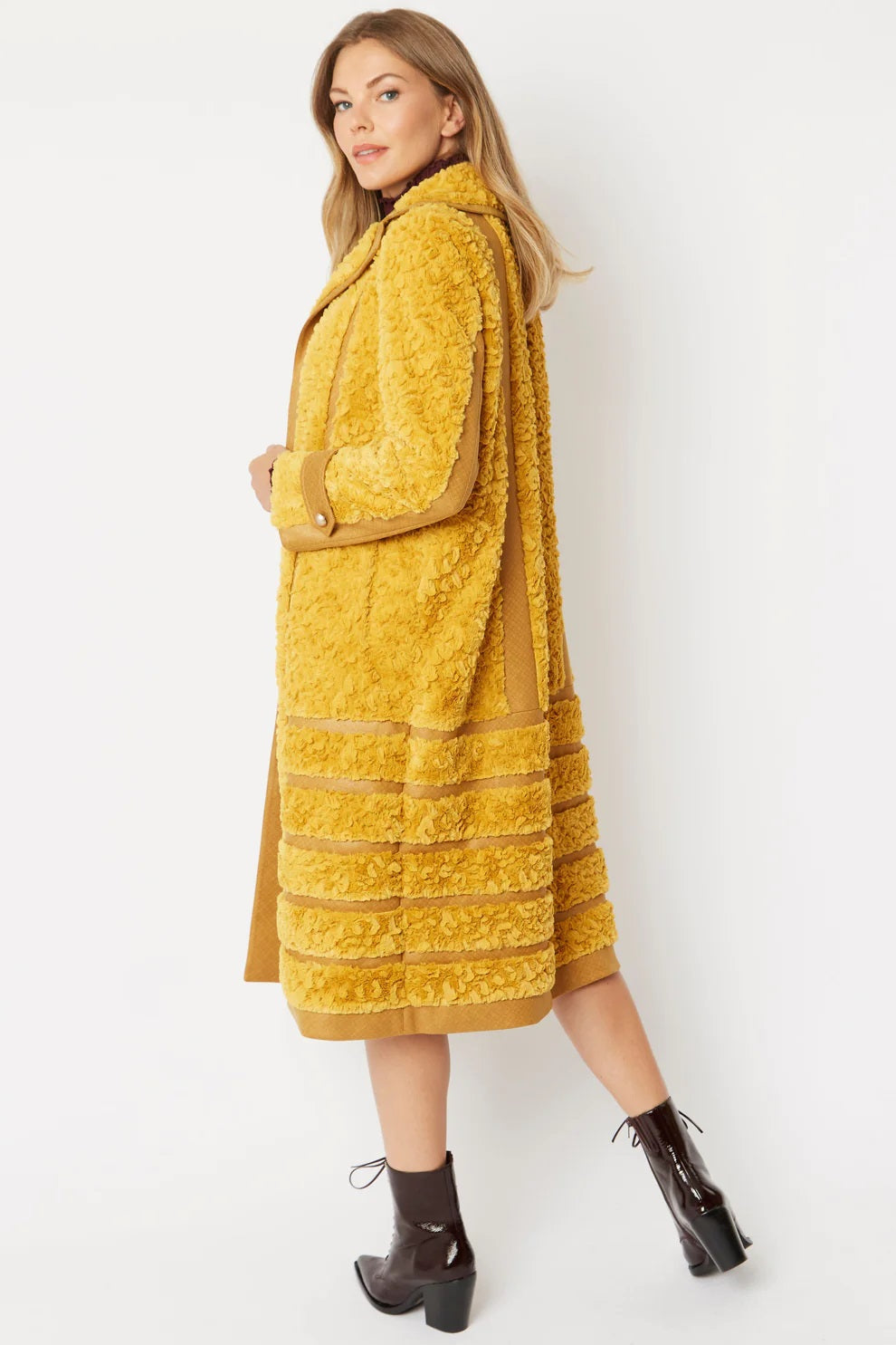 Yellow Faux Suede Trench Coat with Faux Fur Panelled
