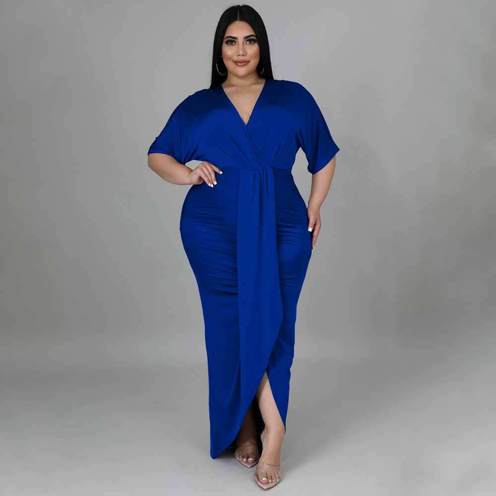 Women's Fashion Plus-Size Irregular Long-Sleeve V-Neck Dress