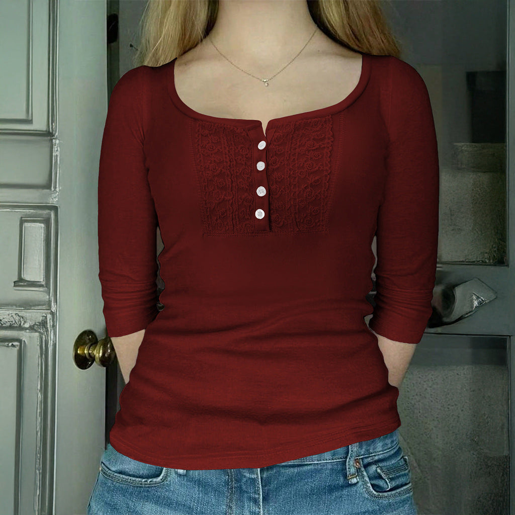 Versatile Button-down Long-sleeve Base T-shirt For Women