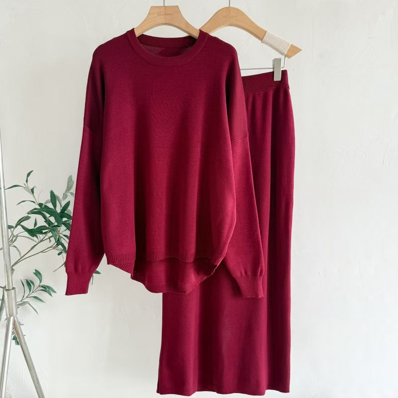 Women's Wear AutumnWinter Solid Color Simple Long-Sleeve Fashionable Casual Knitted Set