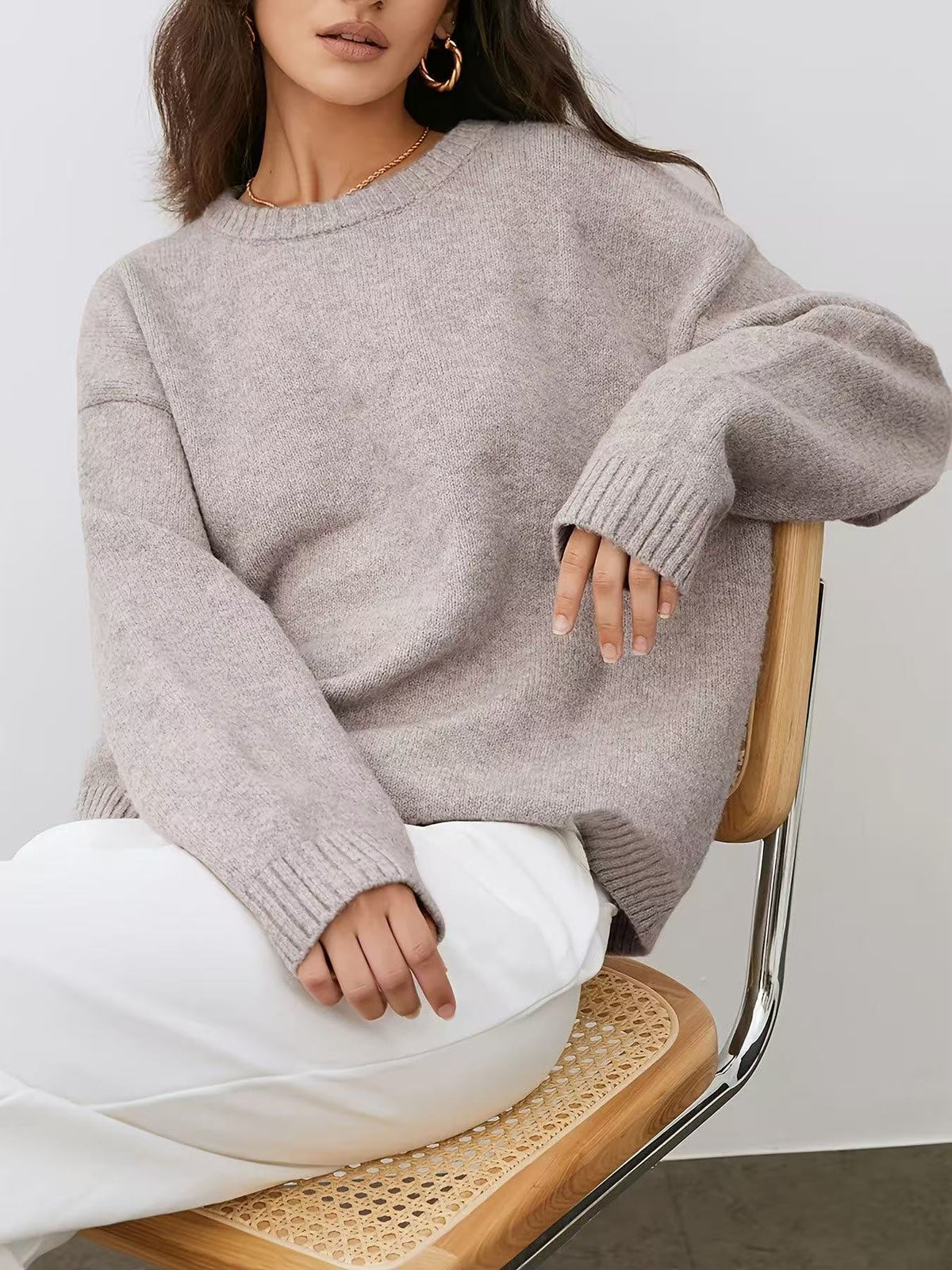 Solid Color Round Neck Sweater Women's Autumn And Winter Knitted Top