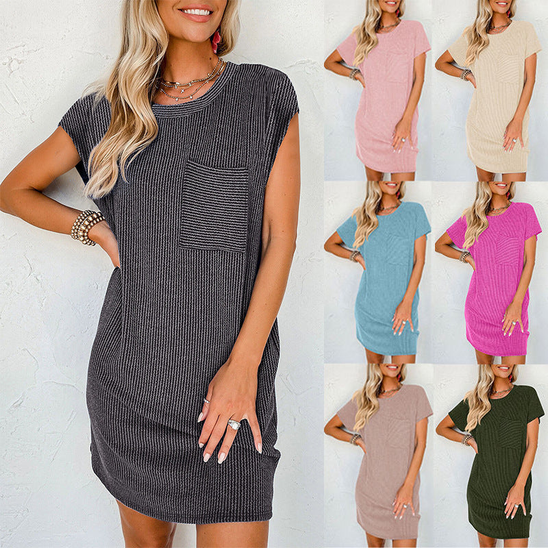 Striped Short Sleeve Pocket Dress Women
