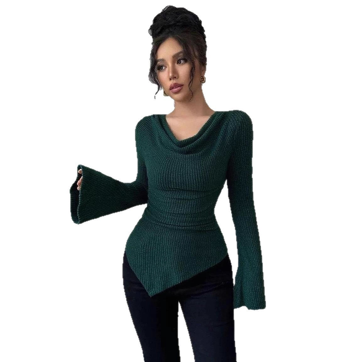 Ribbing Bottoming Sweater Off-the-shoulder Slim Knit Long-sleeved Top