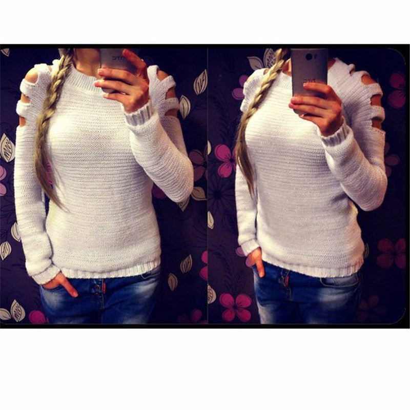 Women's Solid Color Round Neck Hollow-out Long-sleeved Knitted Bottoming Shirt