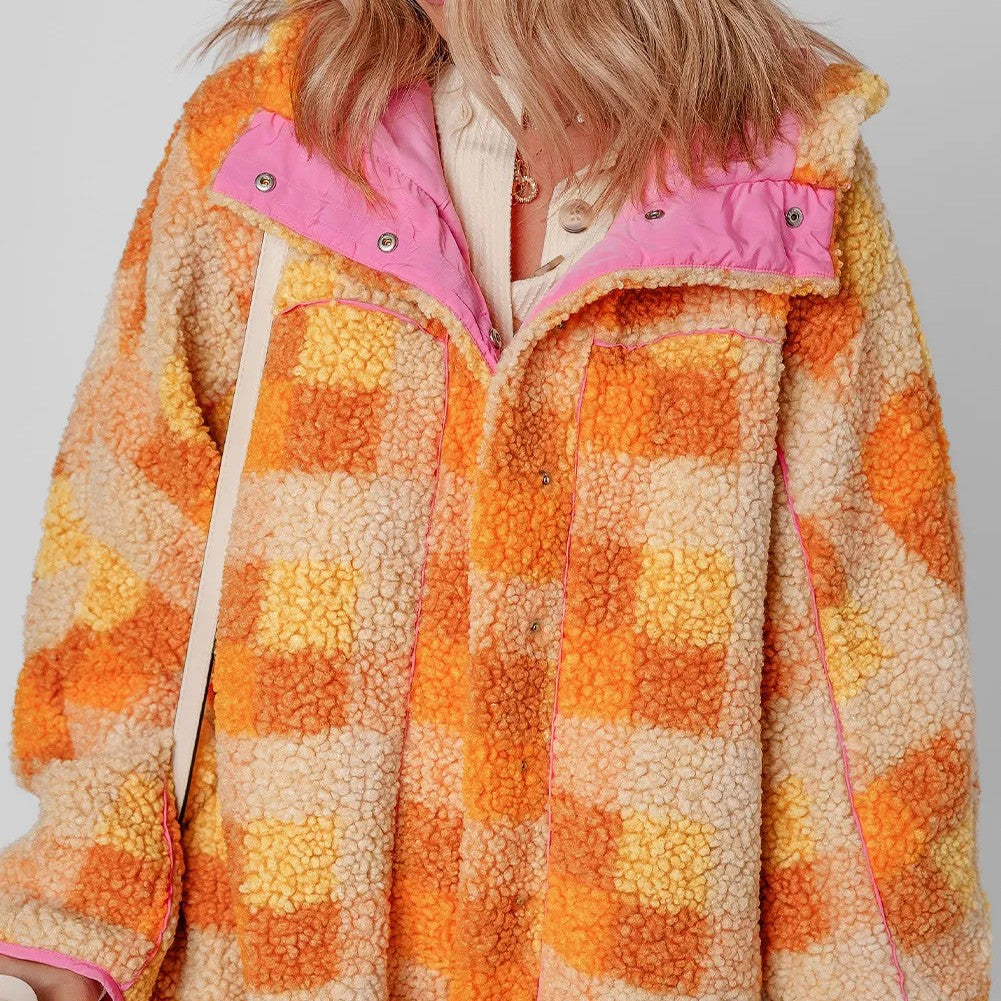 Orange Checkered Sherpa Hooded Jacket