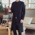 Chinese Style Men's Mid-length Cotton Linen Trench Coat Jacket Embroidered Coat