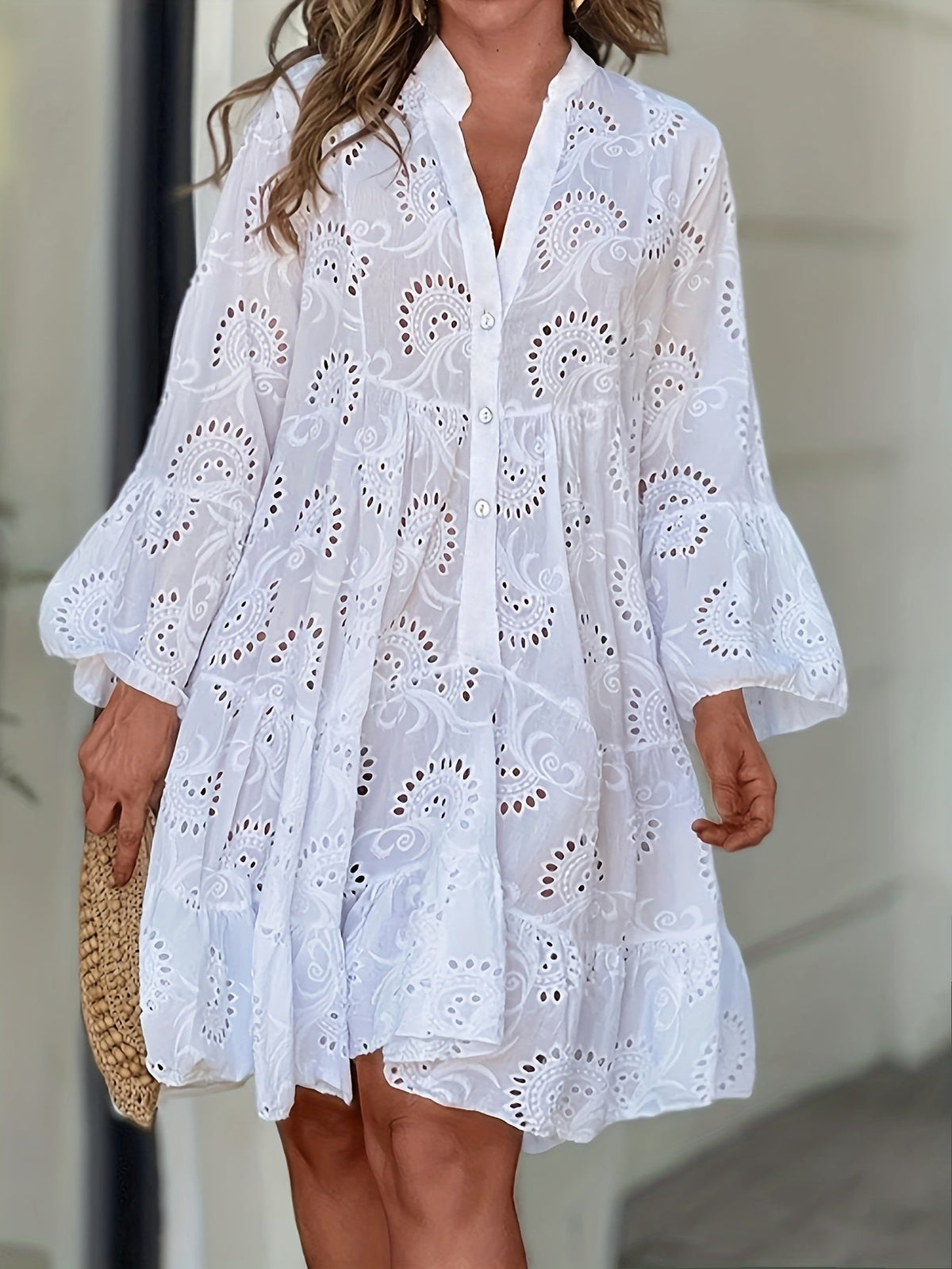 European And American Women's Spring And Summer Solid Color V-Neck Loose Hollow Sexy Dress Nian Nian
