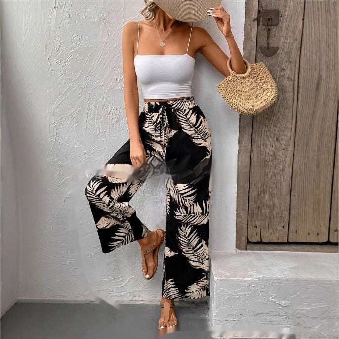 New Women's Trousers Elastic Waistband Straight High Waist