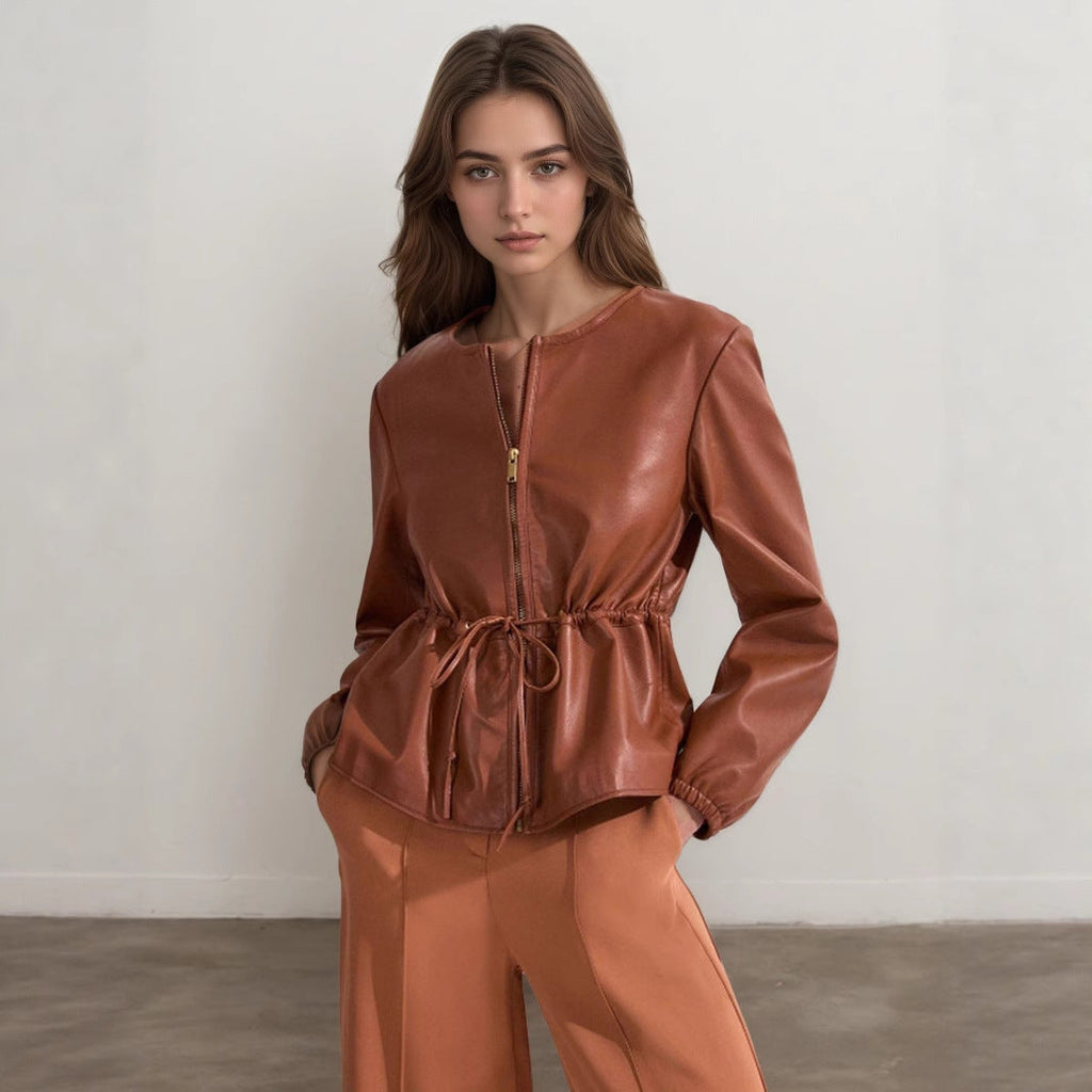 Round Neck Brown Drawstring Short Long Sleeve Leather Coat
