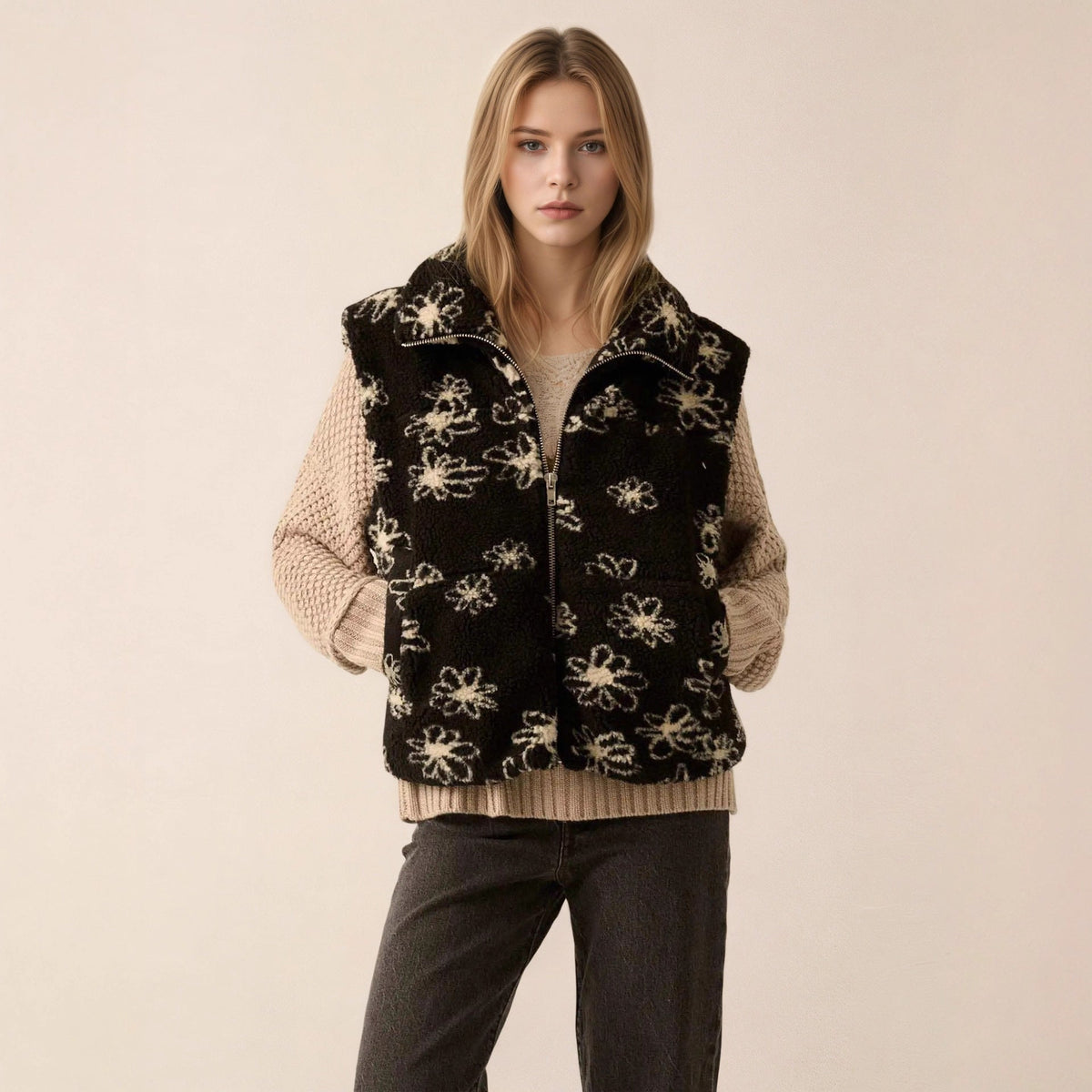 Fashion Polo Collar Flower Print Lamb Wool Vest