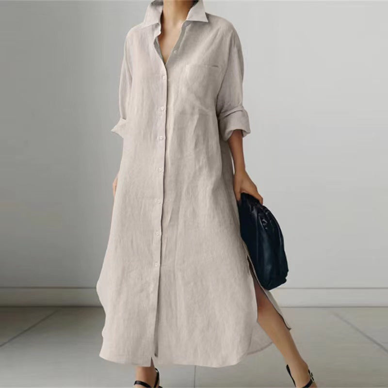 Women's Slit Shirt Dress Solid Color Long-sleeved Cardigan Irregular Long Dress