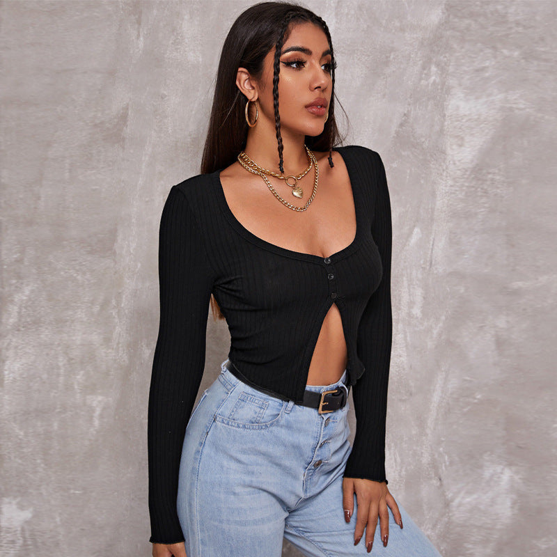 Short Sleeve Cropped Cardigan Top Sexy Button Knitted T Shirt