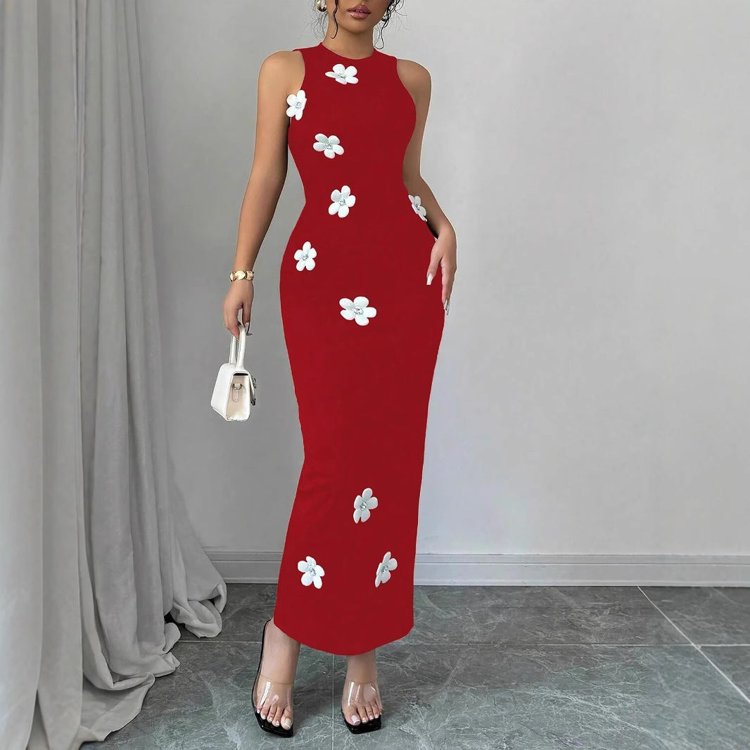 Women's Slim-fit Sleeveless Fashionable Floral Round-neck Dress