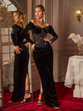 Abihail Off Shoulder Rhinestone Velvet Maxi Dress