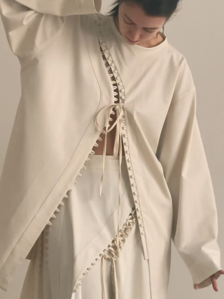 Cream Lace-Up Detail Top And Asymmetric Maxi Skirt Set