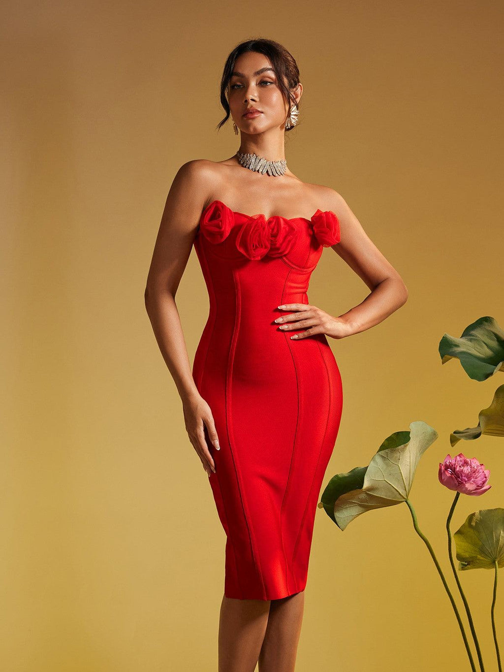 Adlai Strapless Flower Bandage Midi Dress