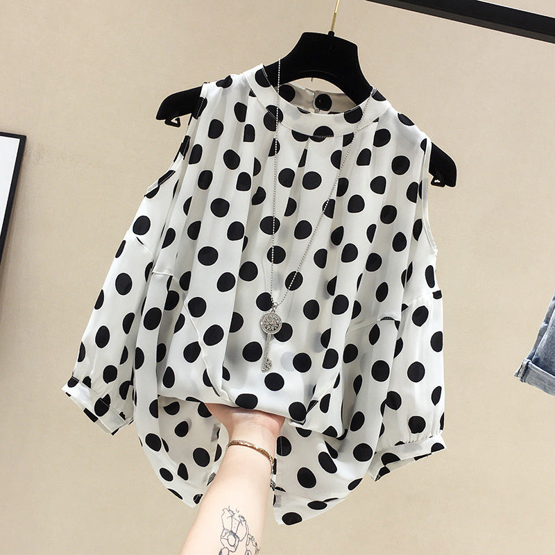 Loose-fitting Figure-flattering Polka-dot Off-shoulder Short-sleeve Chiffon Blouse