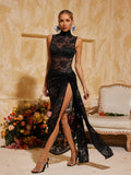Aelithra High Neck Split Flower Maxi Dress In Black