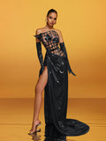 Aethon Strapless Metallic Flower Maxi Dress In Black
