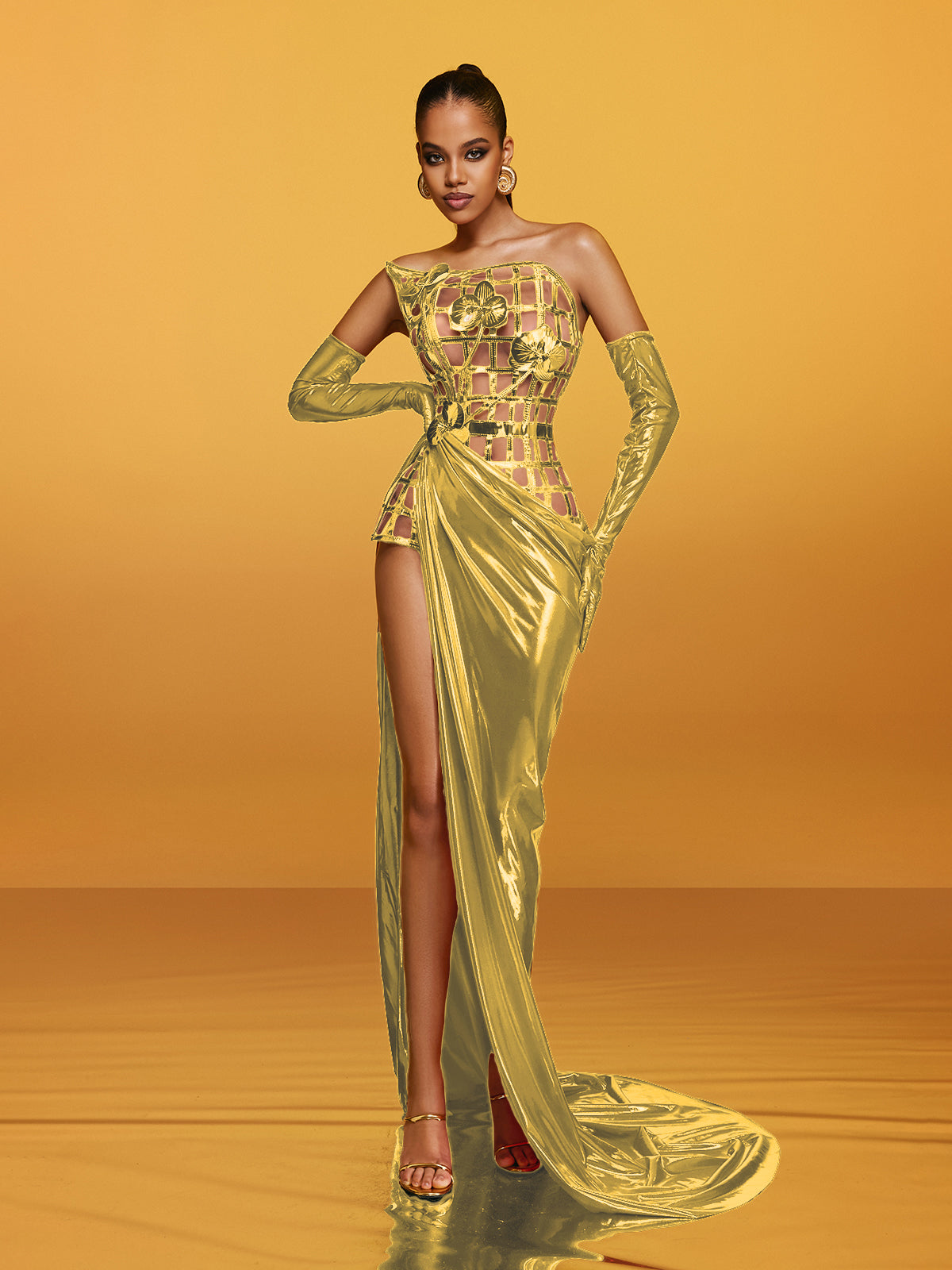 Aethon Strapless Metallic Flower Maxi Dress In Gold