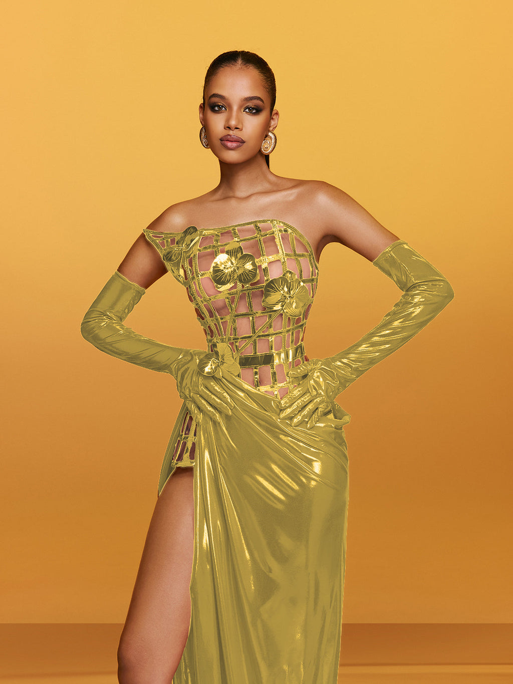 Aethon Strapless Metallic Flower Maxi Dress In Gold