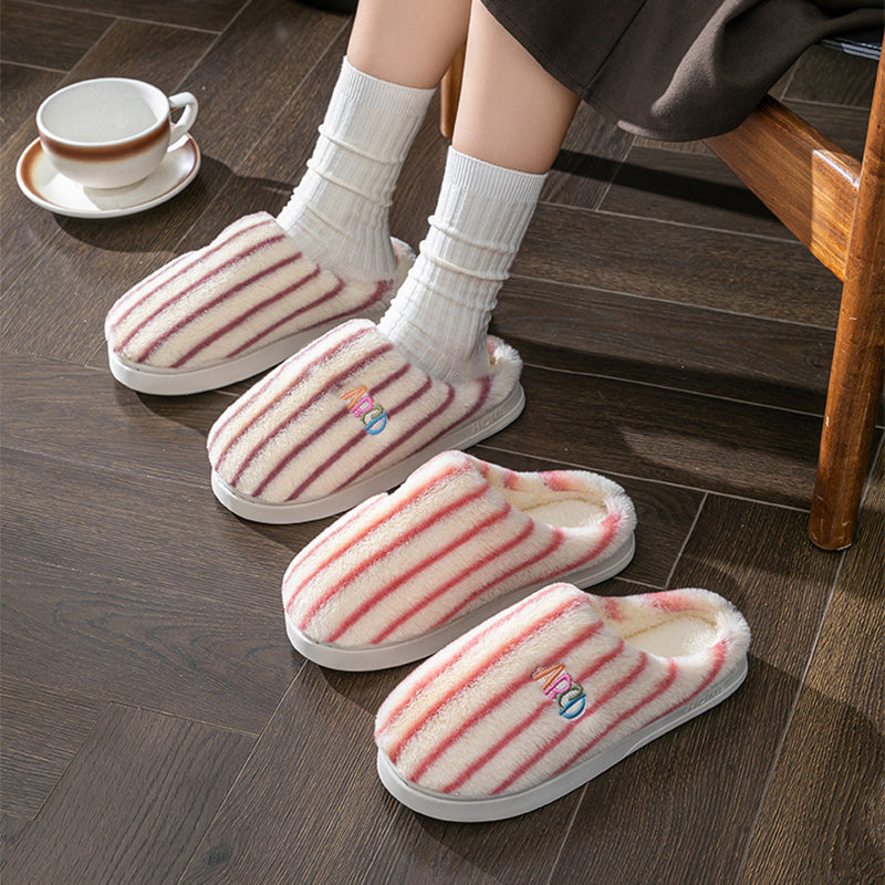 Ins Plush Striped Slippers Winter Warm Letter Embroidered Shoes Fashion Floor Bedroom Home Slipper For Women Men Couples