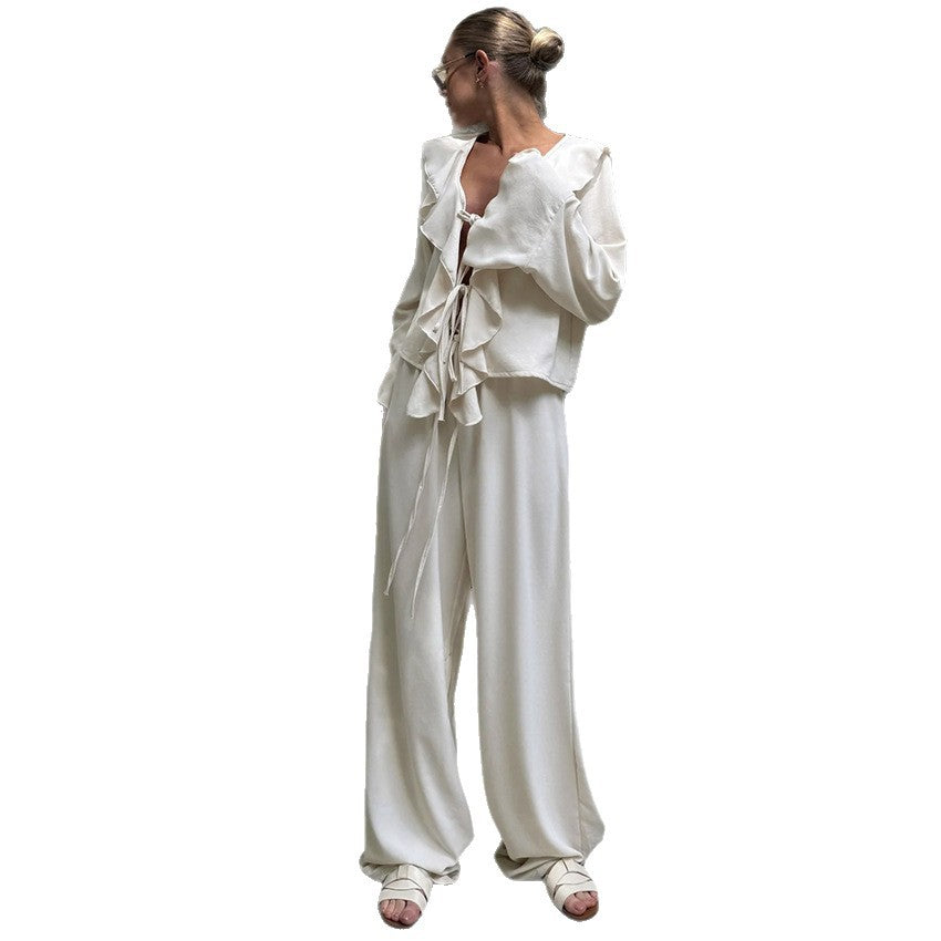 V-neck Ruffled Long-sleeve Shirt And High-waist Wide-leg Pants Two-piece Set
