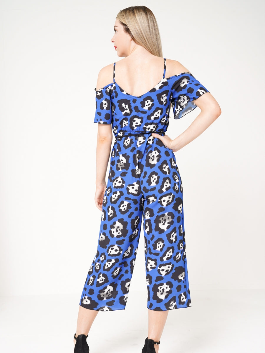Leopard Print Cold Shoulder Culotte Jumpsuit