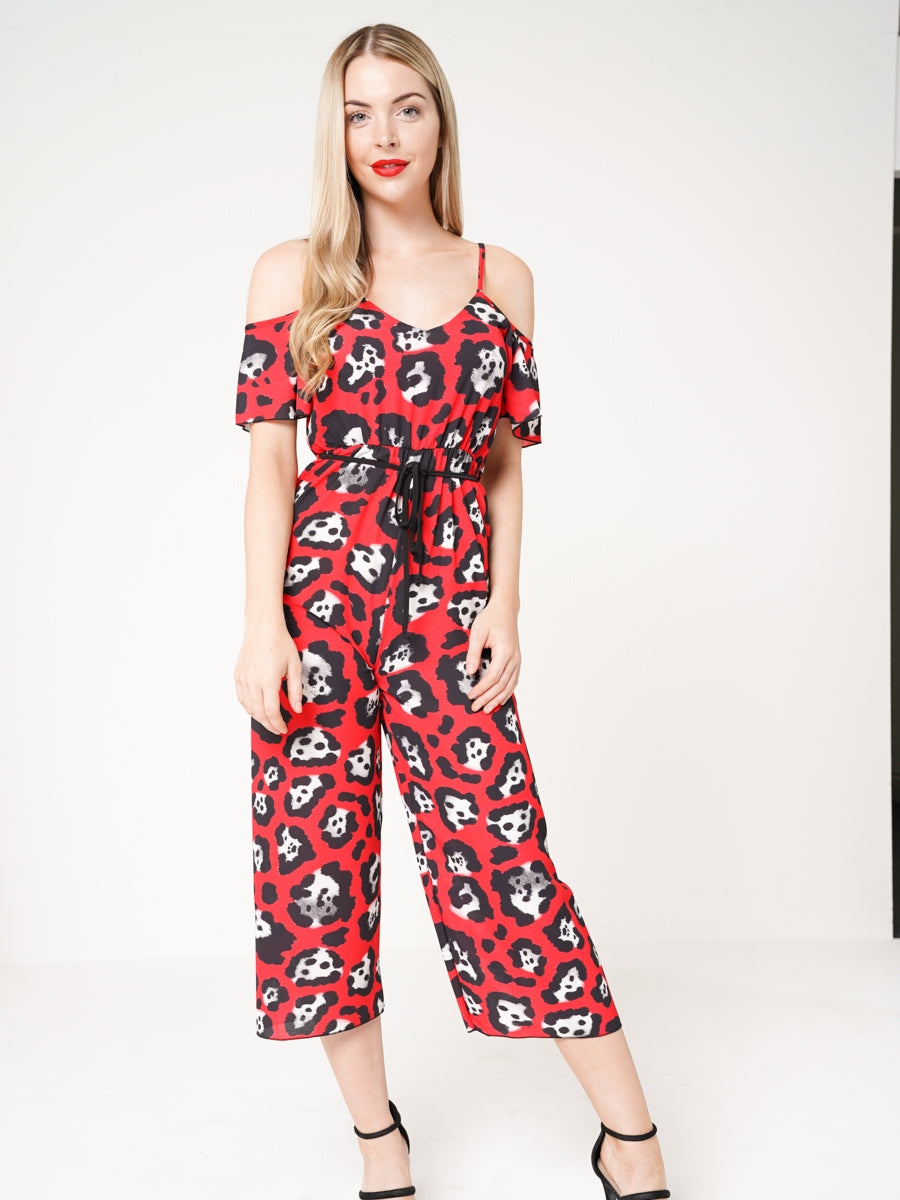 Leopard Print Cold Shoulder Culotte Jumpsuit