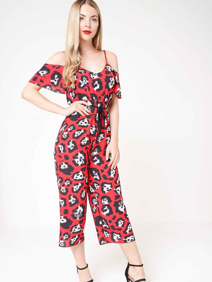 Leopard Print Cold Shoulder Culotte Jumpsuit