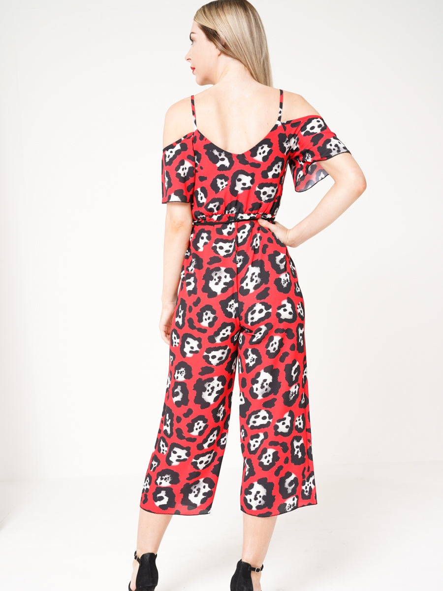 Leopard Print Cold Shoulder Culotte Jumpsuit