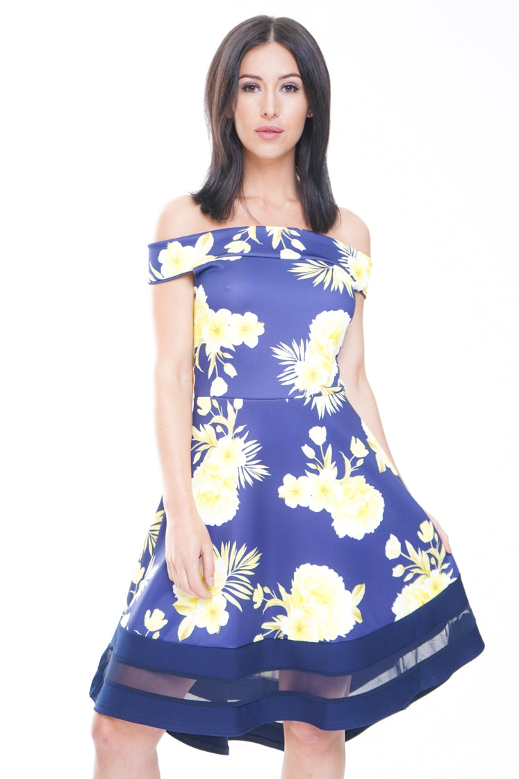 Floral Print Mesh Insert Bardot Skater Dress