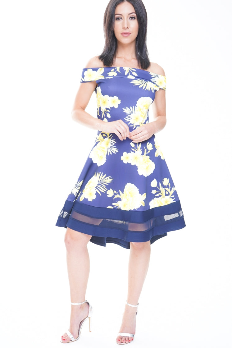 Floral Print Mesh Insert Bardot Skater Dress