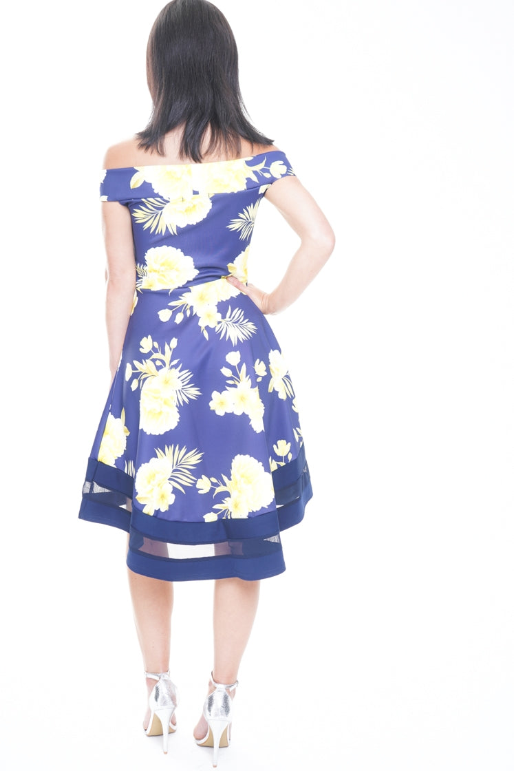 Floral Print Mesh Insert Bardot Skater Dress