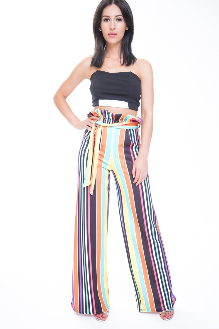 Rainbow Stripe Wide Leg Paper Bag Trousers