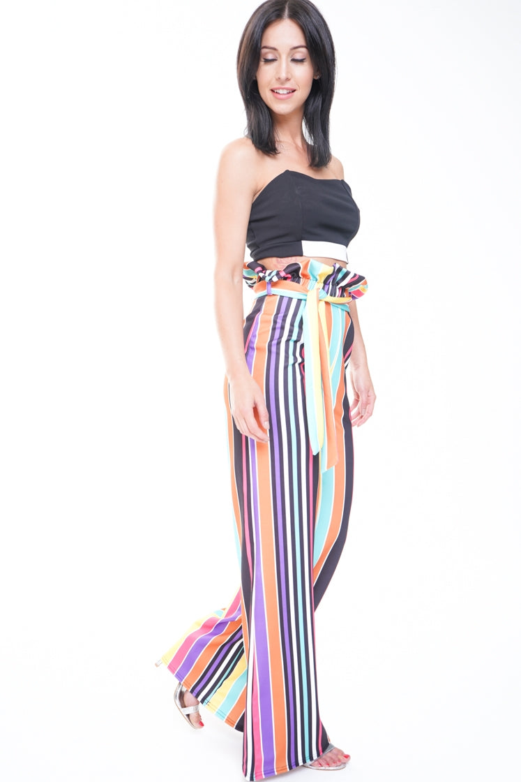 Rainbow Stripe Wide Leg Paper Bag Trousers
