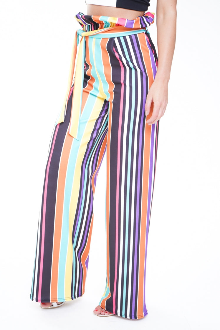 Rainbow Stripe Wide Leg Paper Bag Trousers