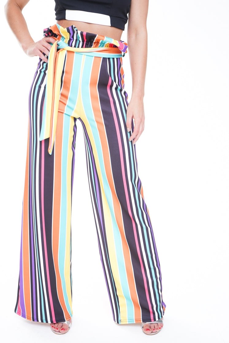 Rainbow Stripe Wide Leg Paper Bag Trousers