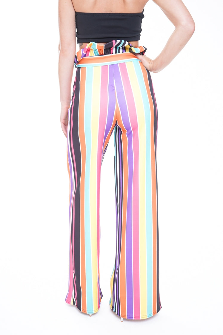 Rainbow Stripe Wide Leg Paper Bag Trousers