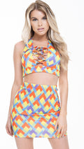 Multi Coloured Print Crop Top And Skirt Co-ord