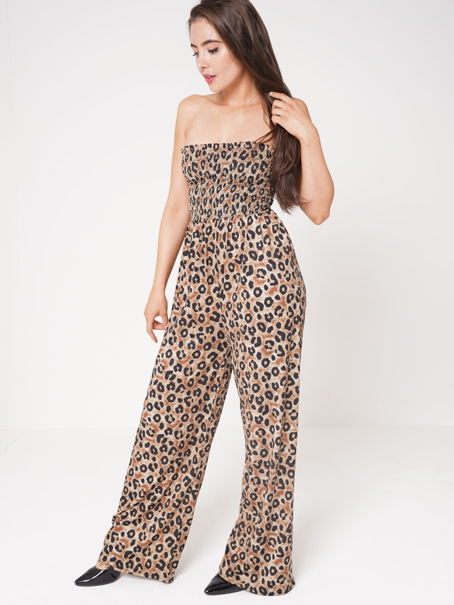 Leopard Print Shirred Bandeau Jumpsuit