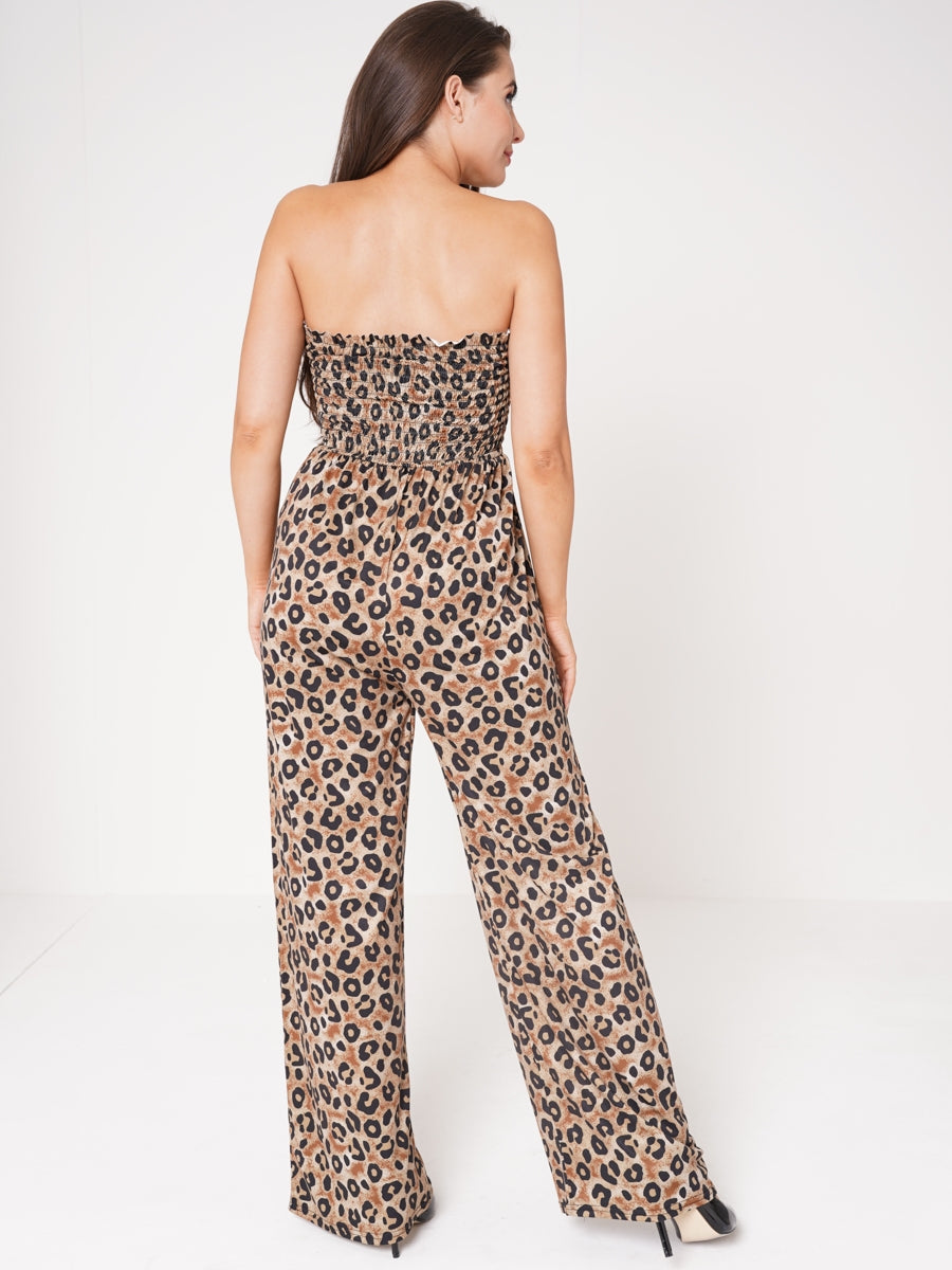 Leopard Print Shirred Bandeau Jumpsuit